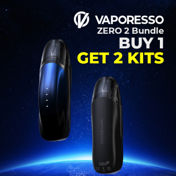 Blue gradient and black Vaporesso ZERO 2 vapes with futuristic design floating in front of celestial backdrop with yellow and white text in top right corner