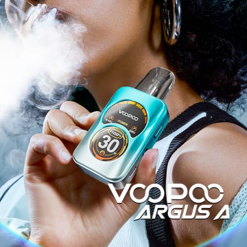 woman wearing athletic wear hitting an azure blue VOOPOO Argus A vape pod kit with digital display extremely clear
