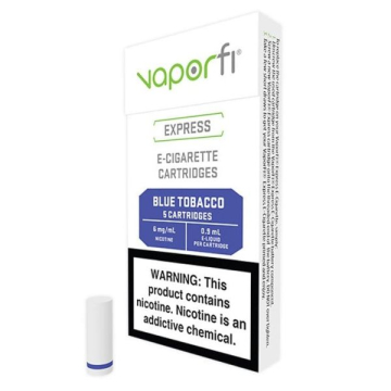 5 Pack Express Tobacco Blue E Cig Cart and Product Box