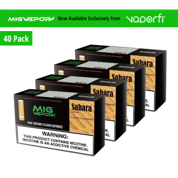 40 pack product boxes of Mig Vapor Sahara pre-filled pre-filled nicotine vape cartridge