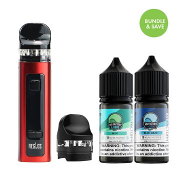 Red Aeglos vape pod system alongside replacement pod and two e juices arranged to display the kit's versatility and high mobility 
