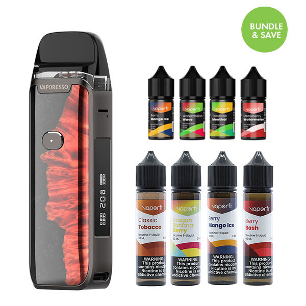 Vaporesso Luxe PM40 alongside eight e juice bottles with green "bundle & save" logo in top right corner