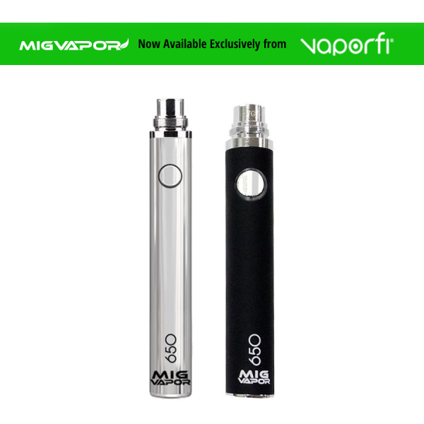 Black and Silver Mig Vapor 650 Evod batteries angled to display the product's intuitive operation