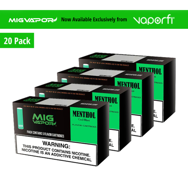 20 pack product boxes of Mig Vapor Menthol Vape Disposable