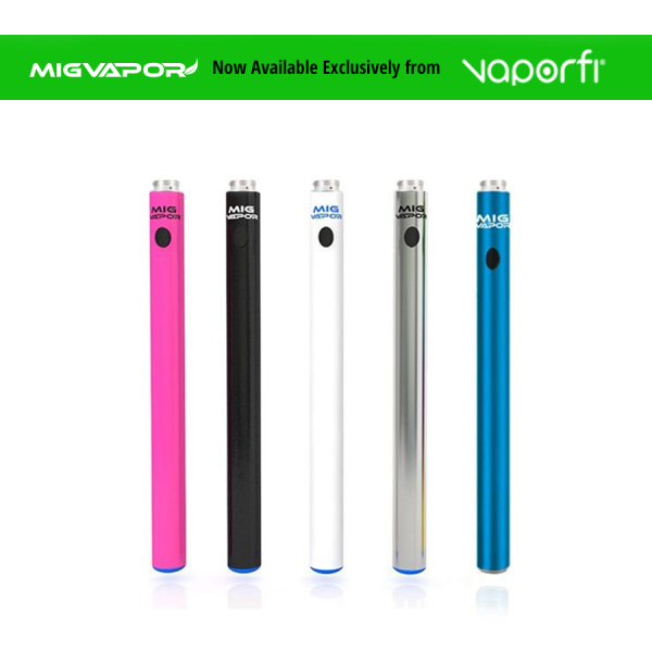 Five Mig Vapor batteries of different colors alongside one another to display all of the color and design options