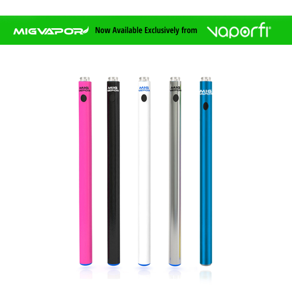 Five Mig pen batteries of different colors displayed in alongside each other to highlight the various cool choices with green VaporFi banner on the top