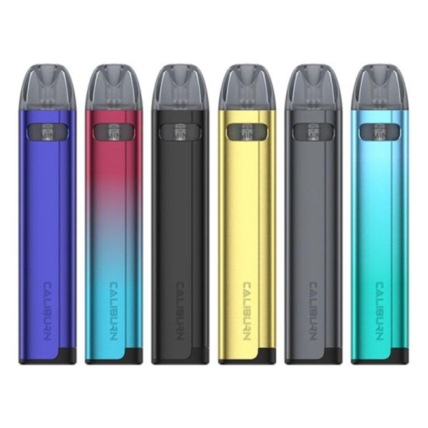 Six Uwell Caliburn a2s vapes of different colors arranged to express the range of color Six Uwell Caliburn a2s vapes of different colors arranged to express the range of color