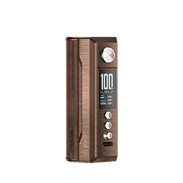 Brown VOOPOO Drag M100S Mod angled to show design,OLED Display Screen, and various buttons