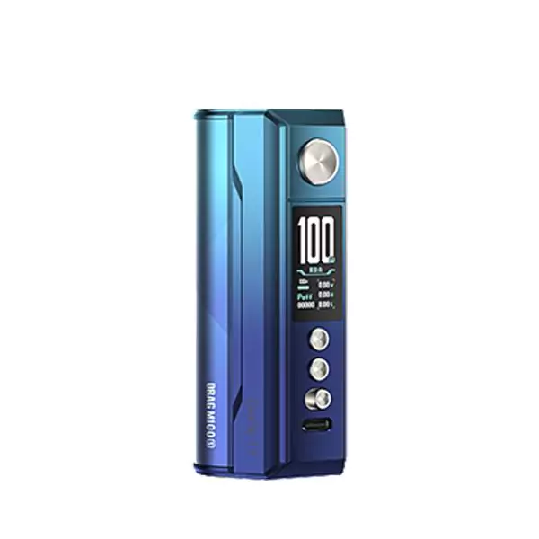 Blue VOOPOO Drag M100S Mod angled to show design,OLED Display Screen, and various buttons