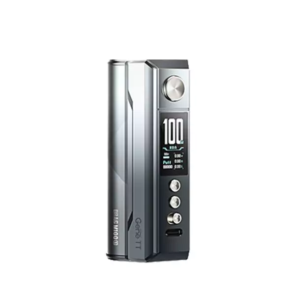 Silver Black VOOPOO Drag M100S Mod angled to show design,OLED Display Screen, and various buttons
